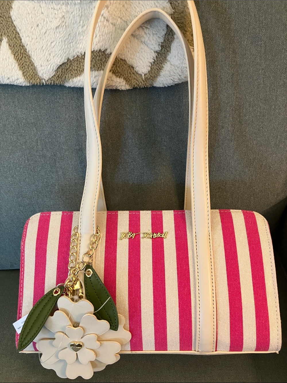 🩷Betsey Johnson XOMACK pink & beige striped satchel handbag w/flower charm NWT - Picture 12 of 13